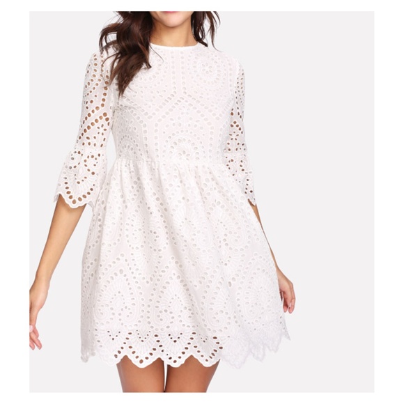 White 3/4 Sleeve Eyelet Lace Dress - Picture 2 of 7
